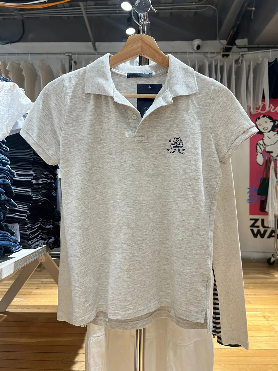 

Серая футболка с бантом и вышивкой кота, женские футболки с отложным воротником и короткими рукавами на пуговицах, летние милые повседневные тонкие футболки Y2k