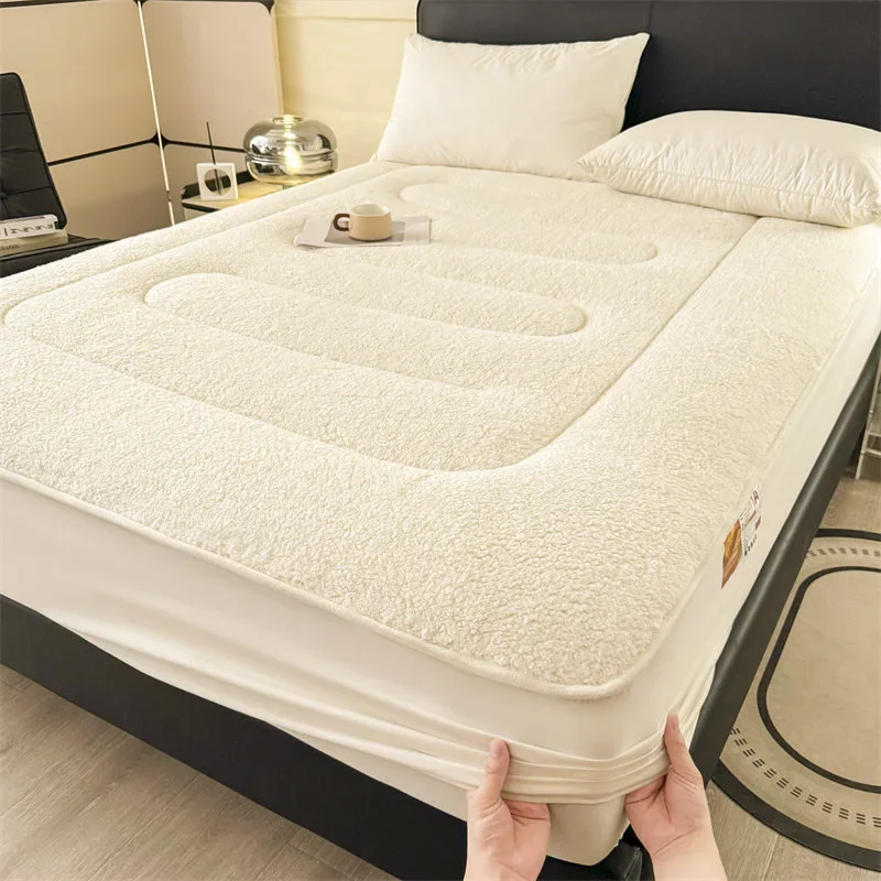 2024 padded thickened lamb wool mattress solid color warm constant temperature mattress machine washable dust protective cover