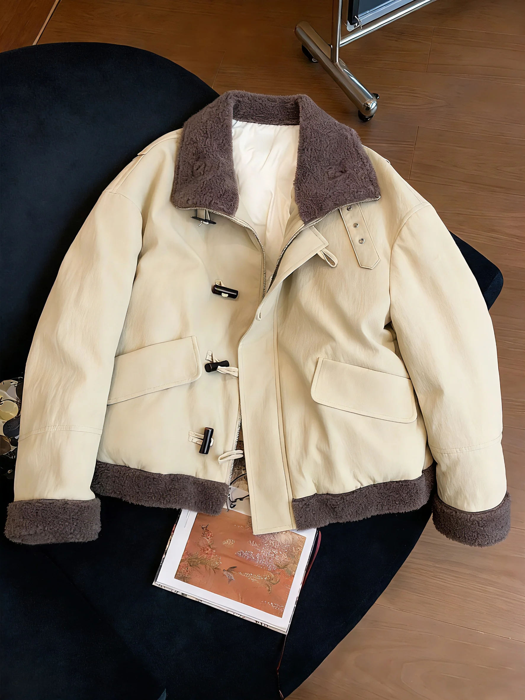 

Ретро-парка унисекс из плотного хлопка с комбинированными вставками, свободного кроя, с защитой от старения, осенне-зимняя, в корейском стиле