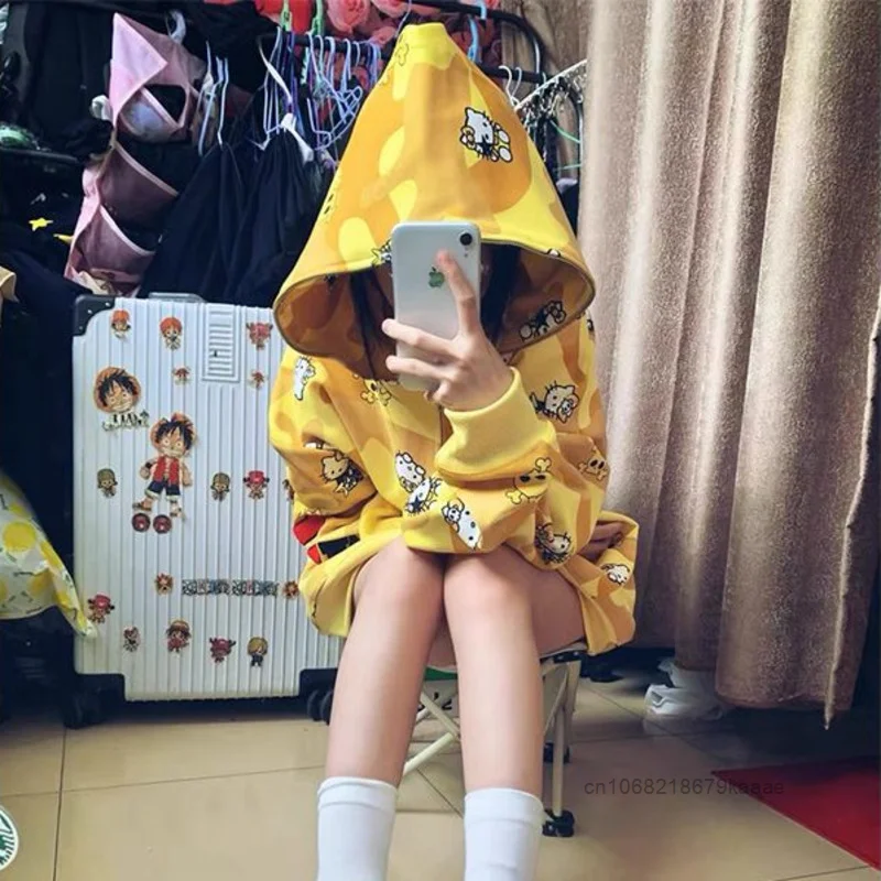 Sanrio Hello Kitty Cute Full Print Yellow Hooded Sweatshirt Women Spring Autumn Fashion Loose Hoodies Japanese Style Kawaii Coat