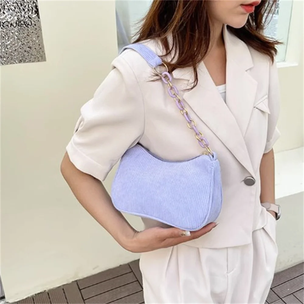 ISKYBOB 2024 Corduroy Handbags Shoulder Bag for Women Cotton Cloth Versatile Handbag Solid Color Trendy Bag with Acrylic Chain