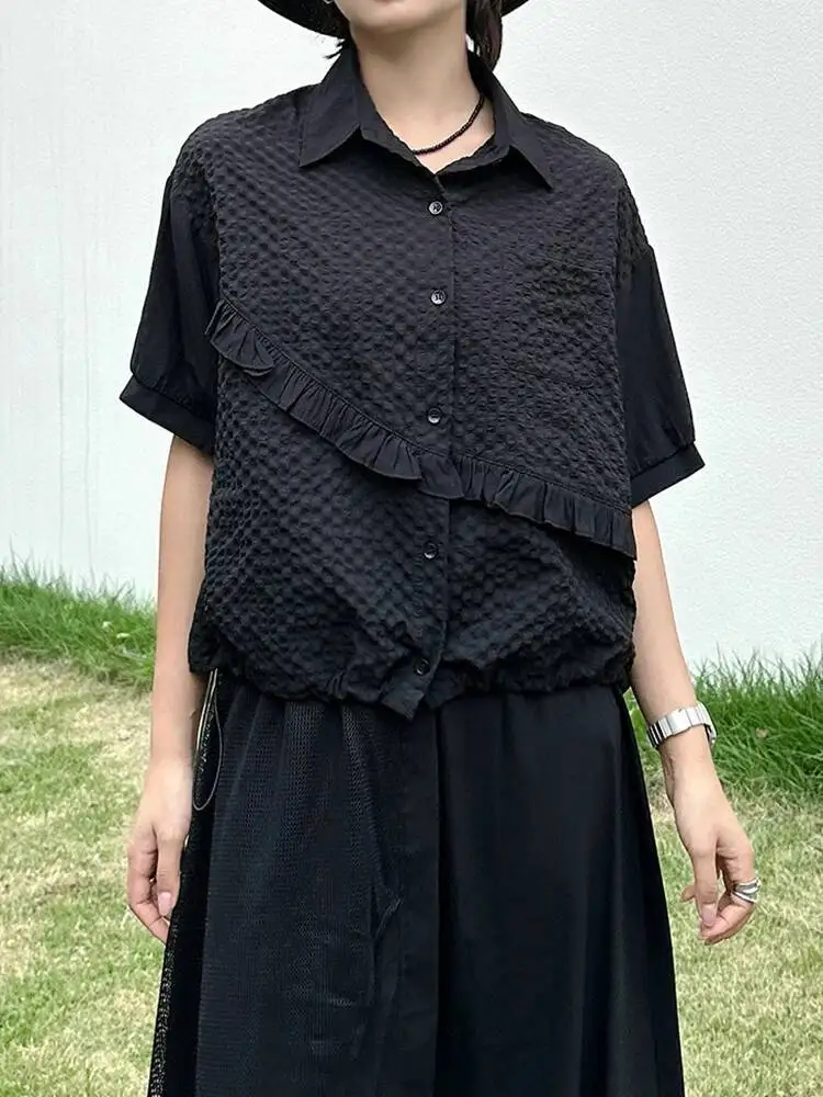 

Women Black Textured Plaid Drawstring Big Size Blouse New Lapel Short Sleeve Shirt Fashion Tide Spring Summer