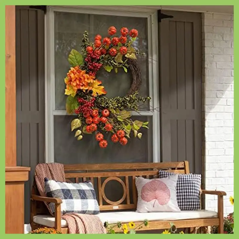 

ABJT-Fall Decor Fall Wreath For Front Door Pumpkins Berries Wreath Decorations For Autumn Thanksgiving Harvest Farmhouse Home Du