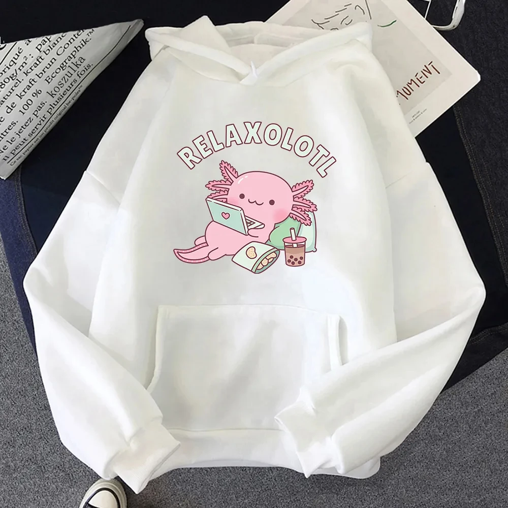 Hoodies Cartoon Axolotl Boba Milk Tea Women\'s Y2k Casual Print Sweatshirt Autumn Winter Lazy Style Loose Hoodie Fashion Clothing