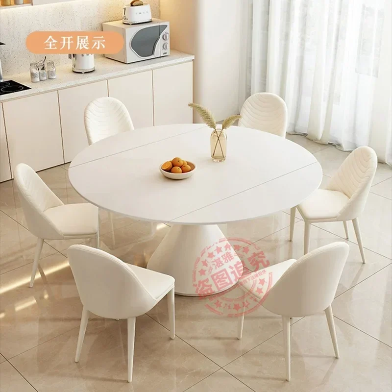 Rock board mesa de jantar branco moderno e minimalista luz do agregado familiar luxo rotativo telescópica dobrável mesa comedor móveis para casa