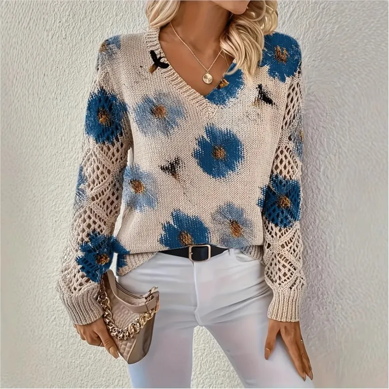 

Bohemian Fashion Floral Print Sweater 2025 New Women Knitted Hollow out Long Sleeve V-Neck Elegant Pullover Top Casual Knitwear