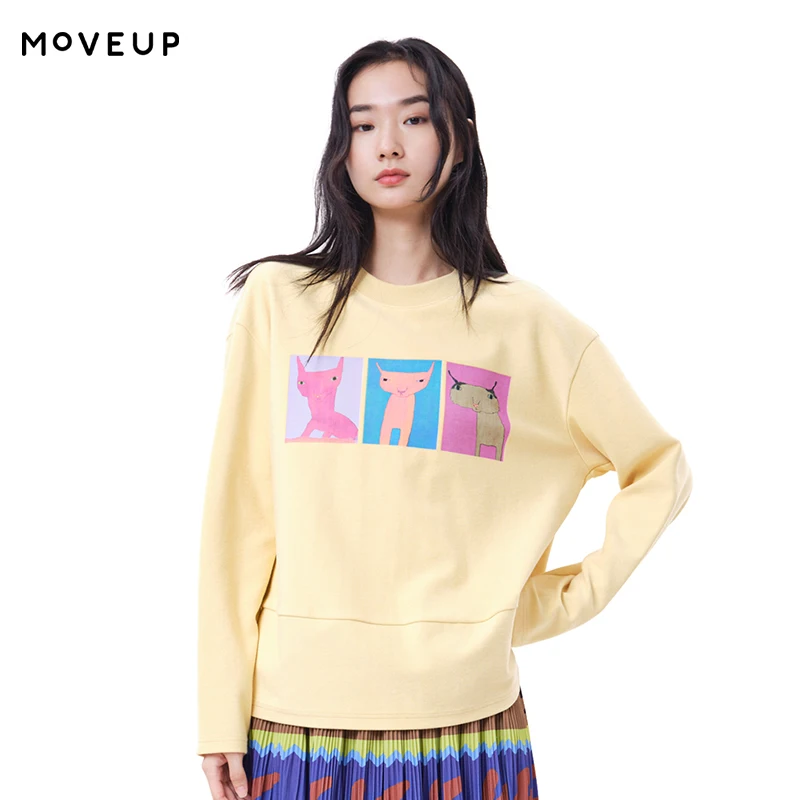 MOVEUP Women's Long‑Sleeve T‑Shirt 2026 Winter Crew Neck Hand‑Drawn Cat Print Tees Waist Seam Split Loose Casual Tops 3ELD10510
