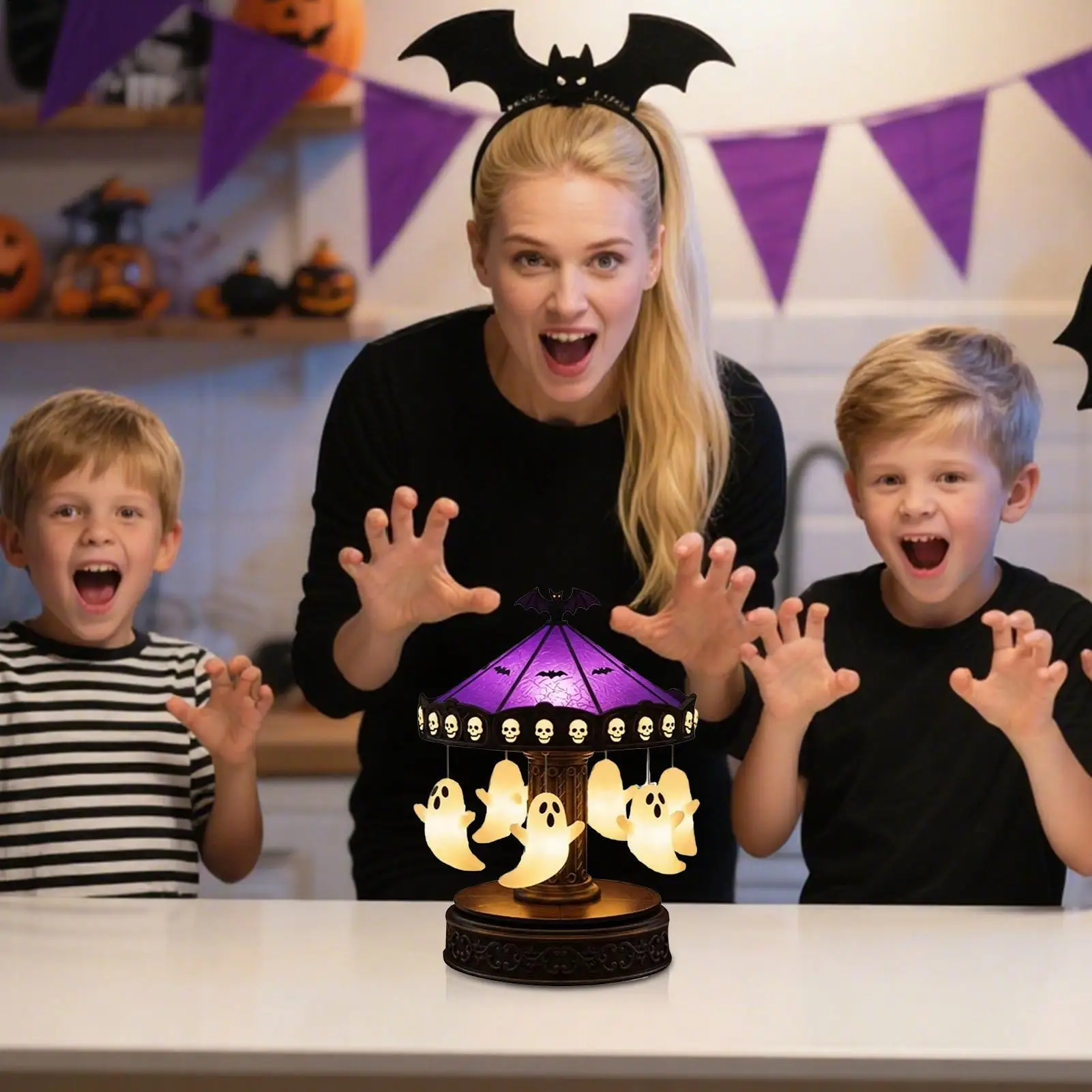 Halloween Ghost Bat Spider Carousel Night Light USB Rechargeable Spooky Carousel Night Light Halloween Night Light Desktop Decor