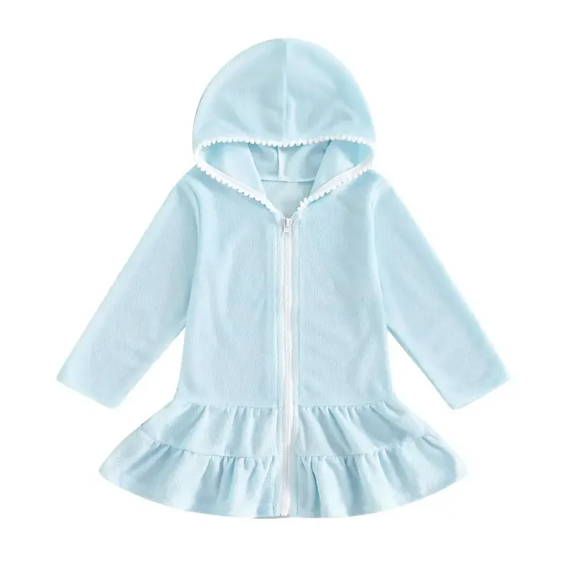 

Kids Girls Swimsuit Coverups Zip Up Towel Terry Swimsuit Wraps Kids Hooded Bathrobe Long Sleeved UV Protection Skirt Beachwear