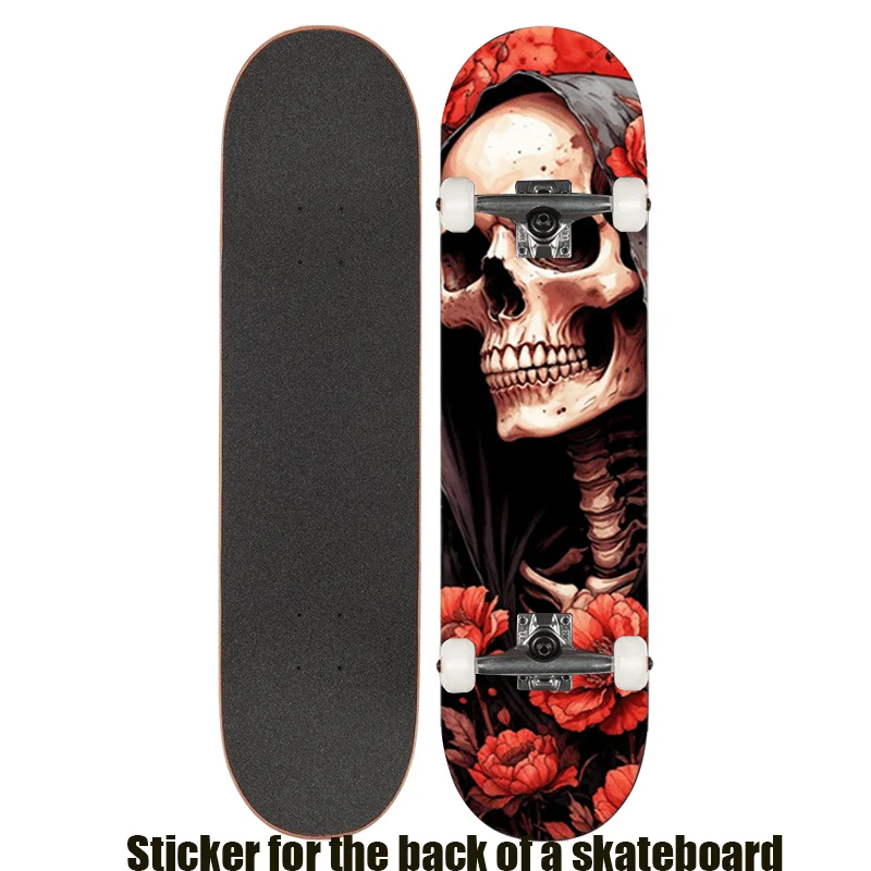 

1 flat "Simple Rose Skull" retro skateboard sticker, suitable for double warp skateboard scooter sticker, cool sports