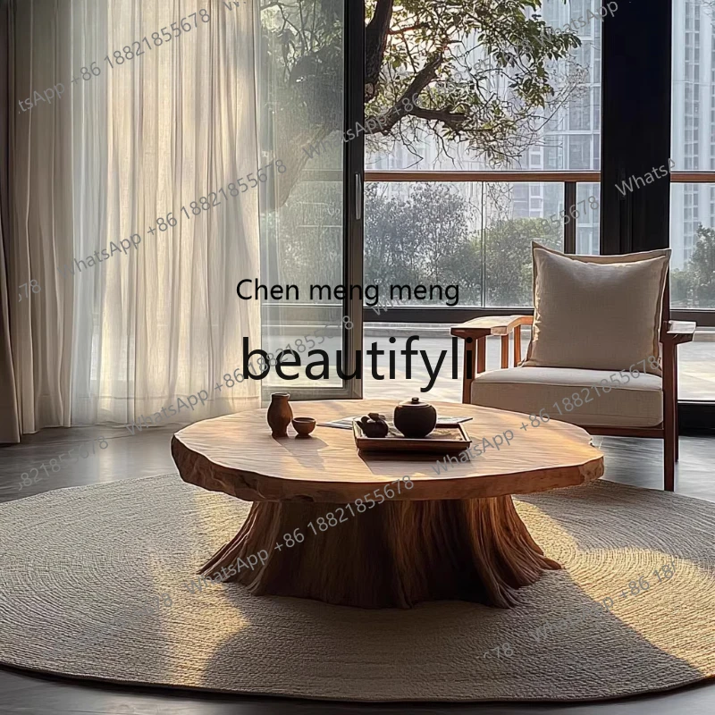 

Wabi Sandy Wind Solid Wood Small Round Coffee Table Homestay Medium and Ancient Log Tea Table Retro Old Wooden Pier H