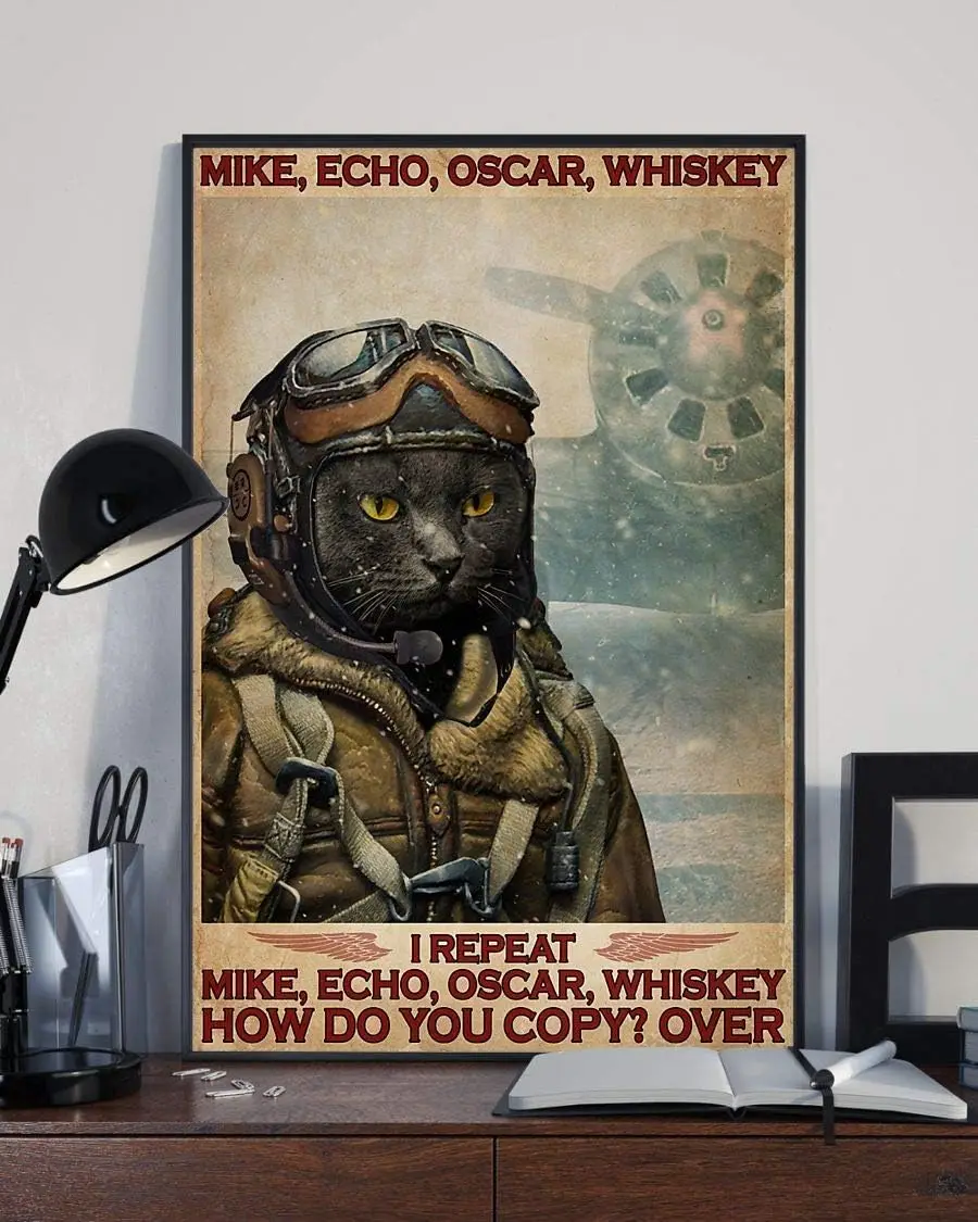 Pzecaru Meow Cat Fighter Pilot Metal Sign Mike Oscar Whiskey Poster Tin Sign Plaque Retro Wall Decor For Home Office Bathro