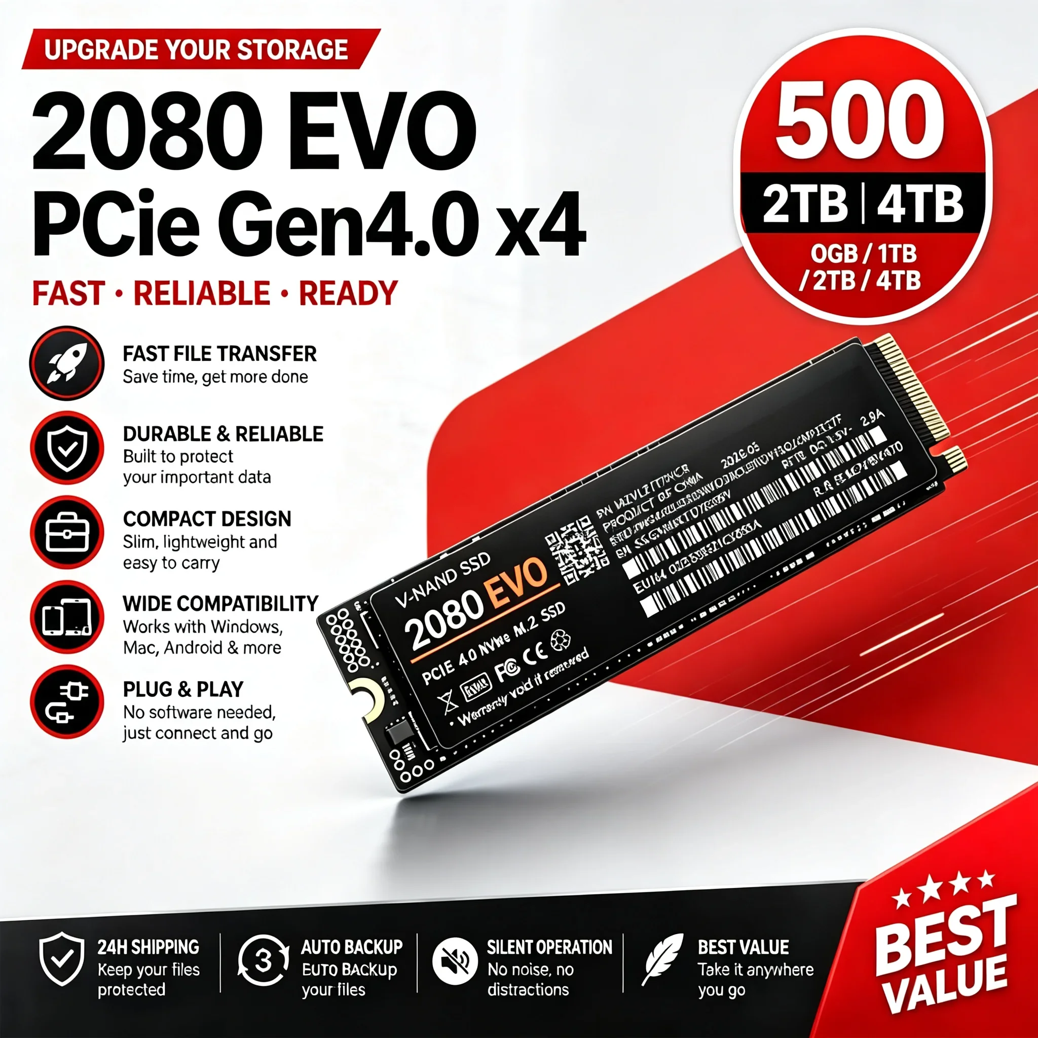 SSD M.2 NVMe para Jogos 2080 EVO PCIe 4.0 X4 7400MB/s TLC 3D NAND 2280 Unidade Interna 500GB 1TB 2TB 4TB para PS5 Laptop Desktop PC