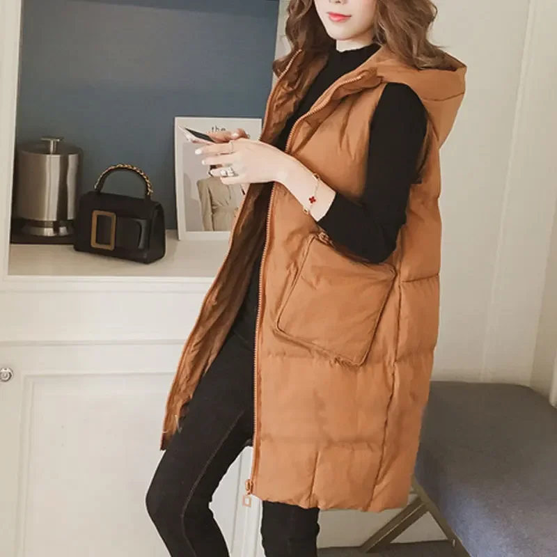 

Winter Waistcoat Women Vest Long Down Cotton Jackets Sleeveless Bread Coats Oversize Hooded Vest with Pocket Chalecos Para Mujer