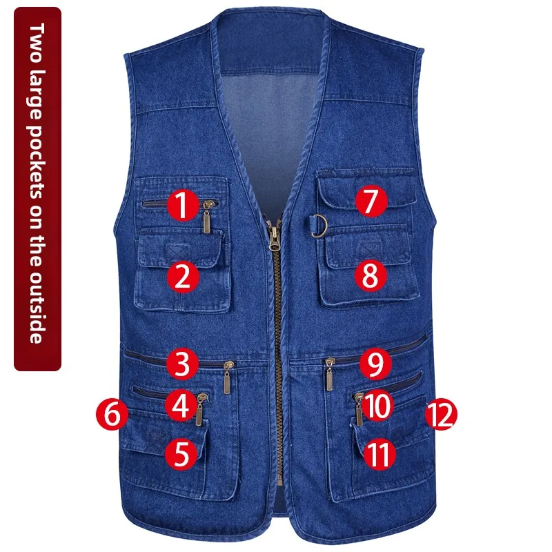 

Men's Denim Cotton Vest Spring Autumn Large Size Outdoor Fiing Vest Multiple kets Busin Casual Stand Fit Vest
