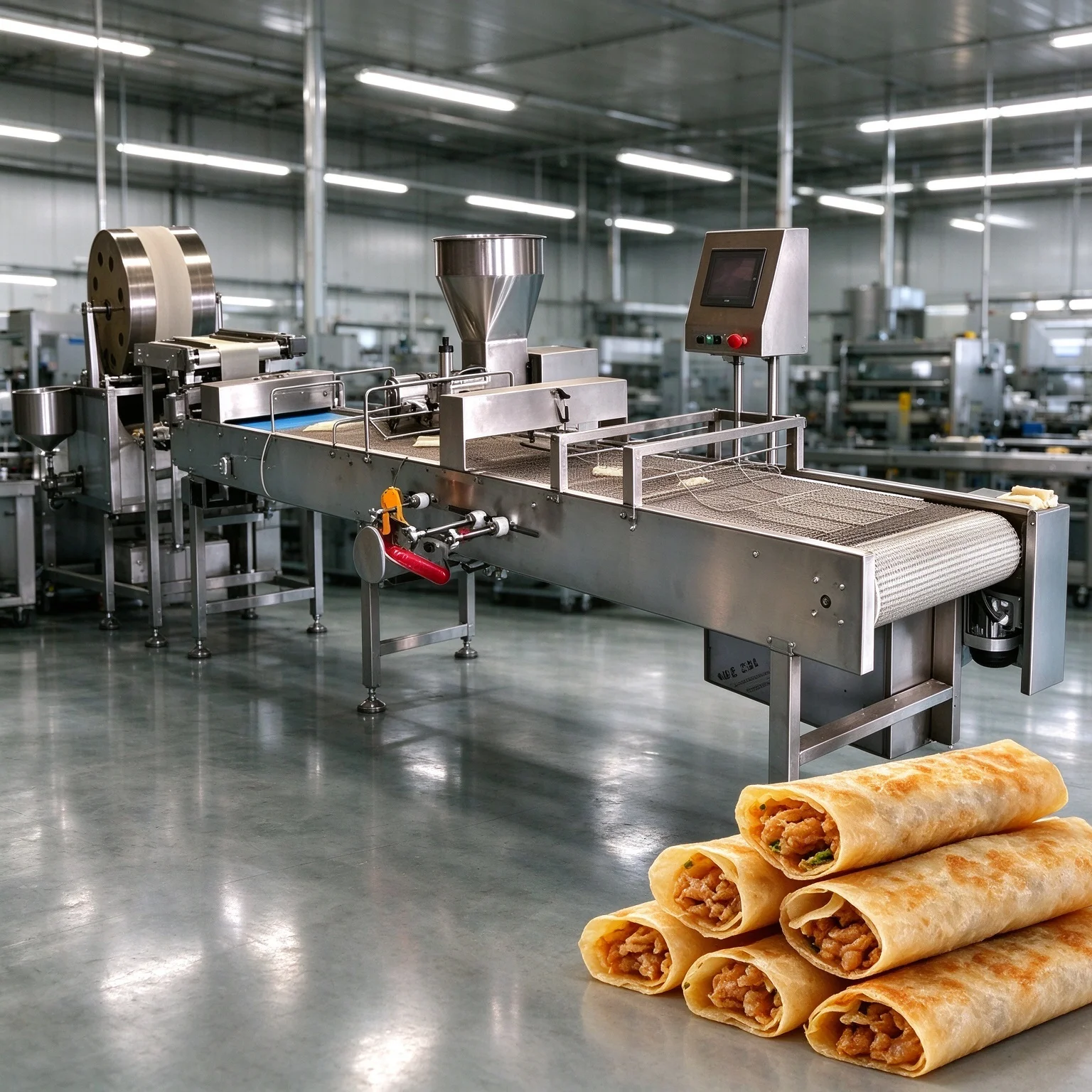 Frozen Spring Roll Line Integrated Filling Forming Frying Freezing Machine Meat Custom