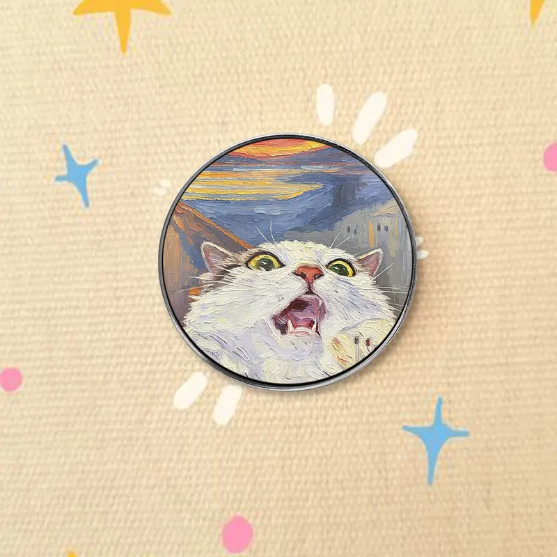 Screaming Cat Oil Painting Style UV Printing Pin Dramatic Expression Brooch Lapel Badge Jewelry Gift for Art Lover
