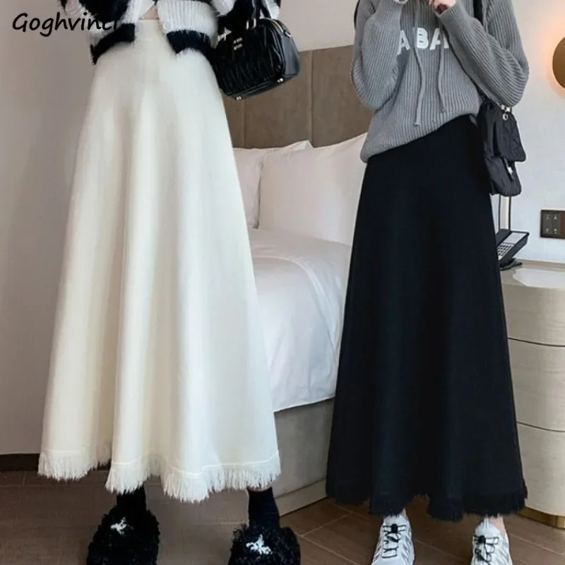 

Knit Skirts Women A-line Tassel All-match High Waist Elegant Streetwear Office Ladies Korean Fashion Trendy Ulzzang Knitted Ins