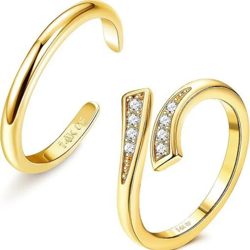14K Gold-Plated Adjustable Zircon Foot Ring Two-Piece Set for Women During Summer Beach Vacation Toe Ring Jewelry Accessories