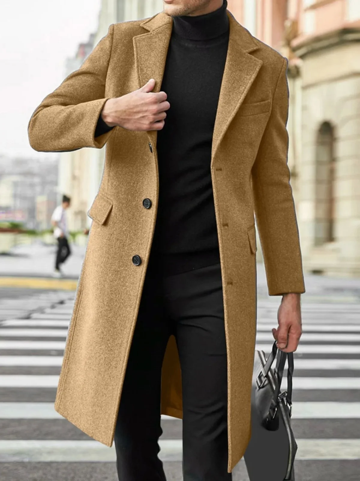 

Slim Fit Long Woolen Trench Coat Men's Jaet Zipper Closure Stand Collar Autumn Outerwear Faionable Youth Sle Regular Sl...