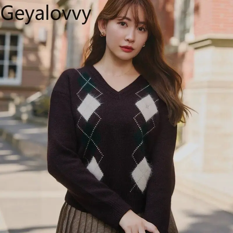 

Japanese-style Sweet Versatile College-style Diamond-patterned Fashion Knitted Pullover V-neck Long-sleeve Sweater for Girls
