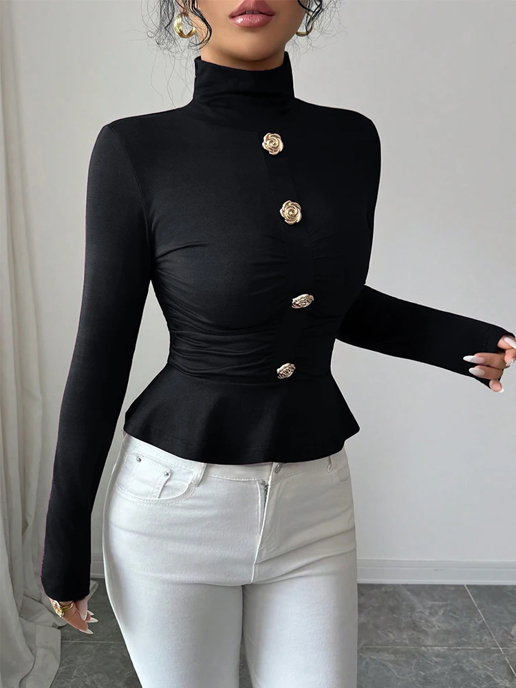 2026,أوروبية، ملابس، خريف، شتاء، تي شيرت، موضة، مثير، الياقة المدورة، روز، زر، ثنيات، كشكشة، نساء، بلايز، كم طويل، تي شيرت، 512009 #1