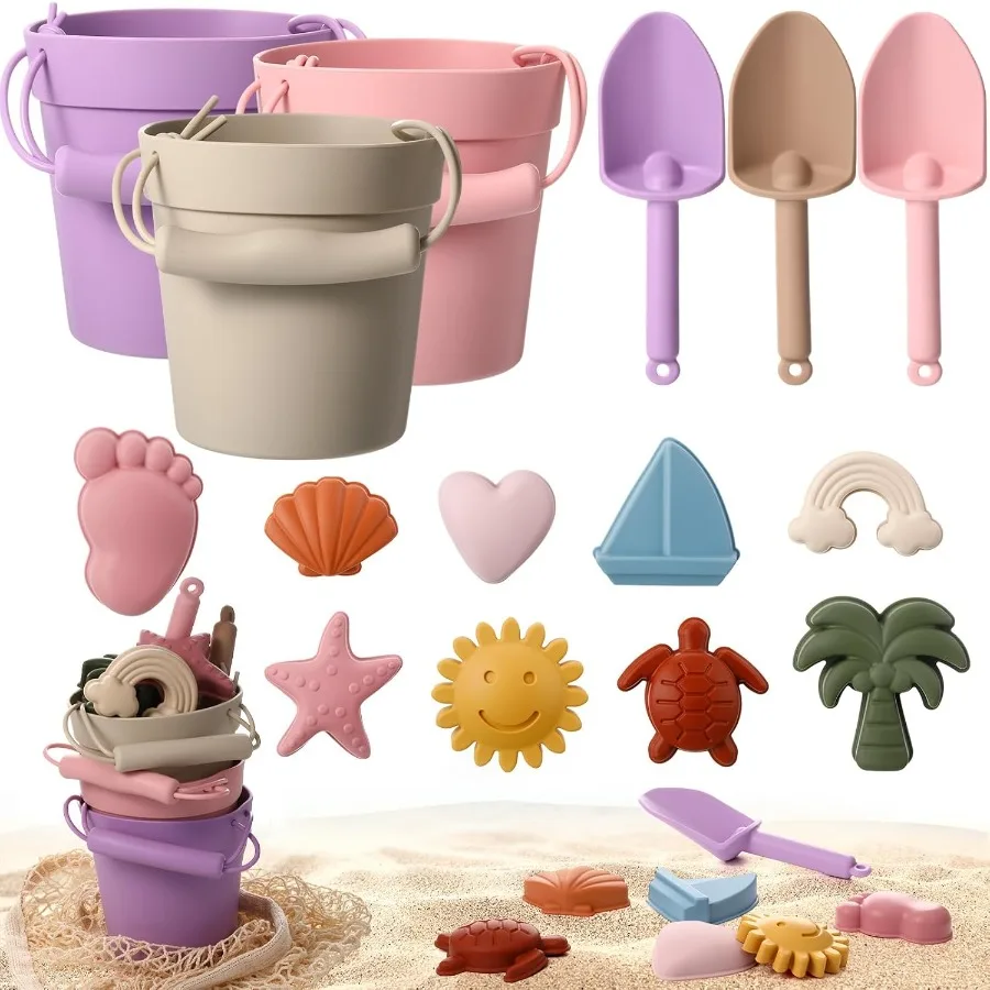 16 pçs brinquedos de praia de silicone viagem amigável conjunto de praia brinquedos coloridos incluem 3 baldes de silicone, 3 pás, 9 moldes de areia, 1 saco