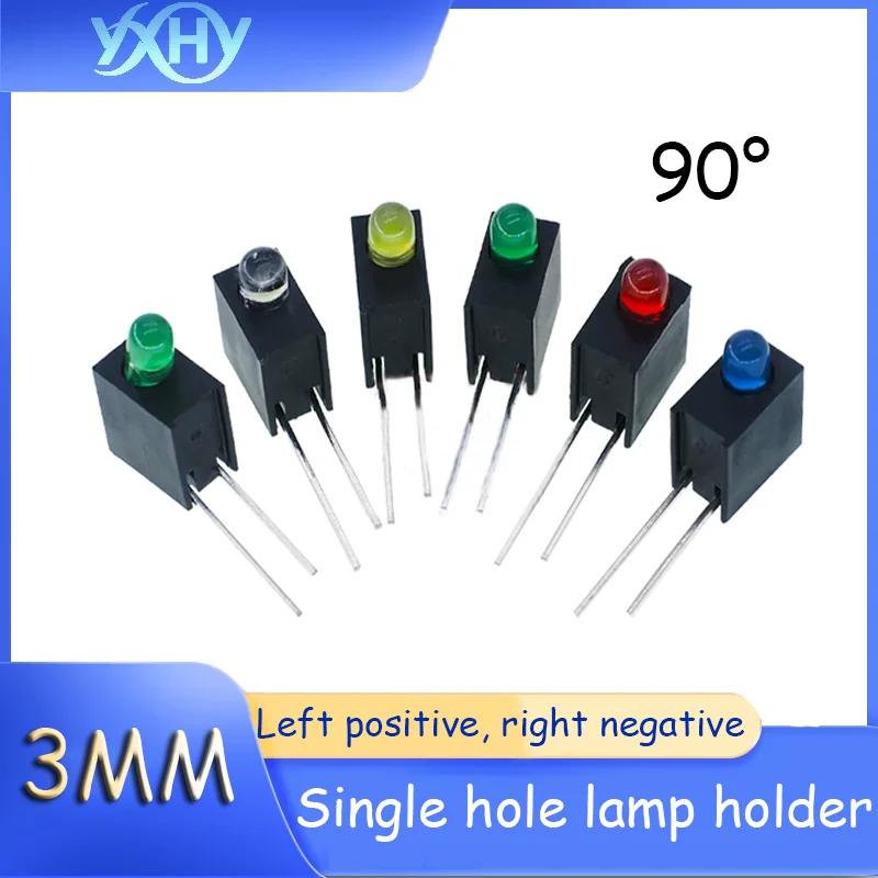 

100pcs 3mm lamp holder single hole with light left positive right negative red blue indicator light special 90 degree bend angle