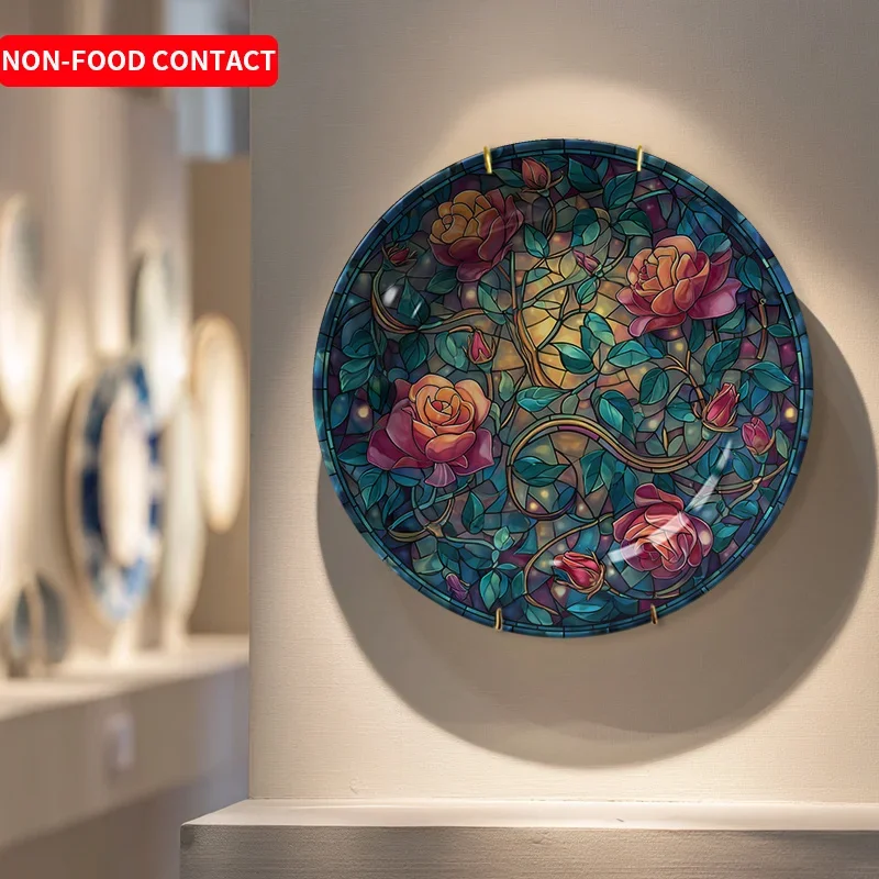 Exquisite Painted Rose Window Ceramic Decorative Plate, a Non-Food Contact Item Perfect for Home Decor, Ideal As a Gift for