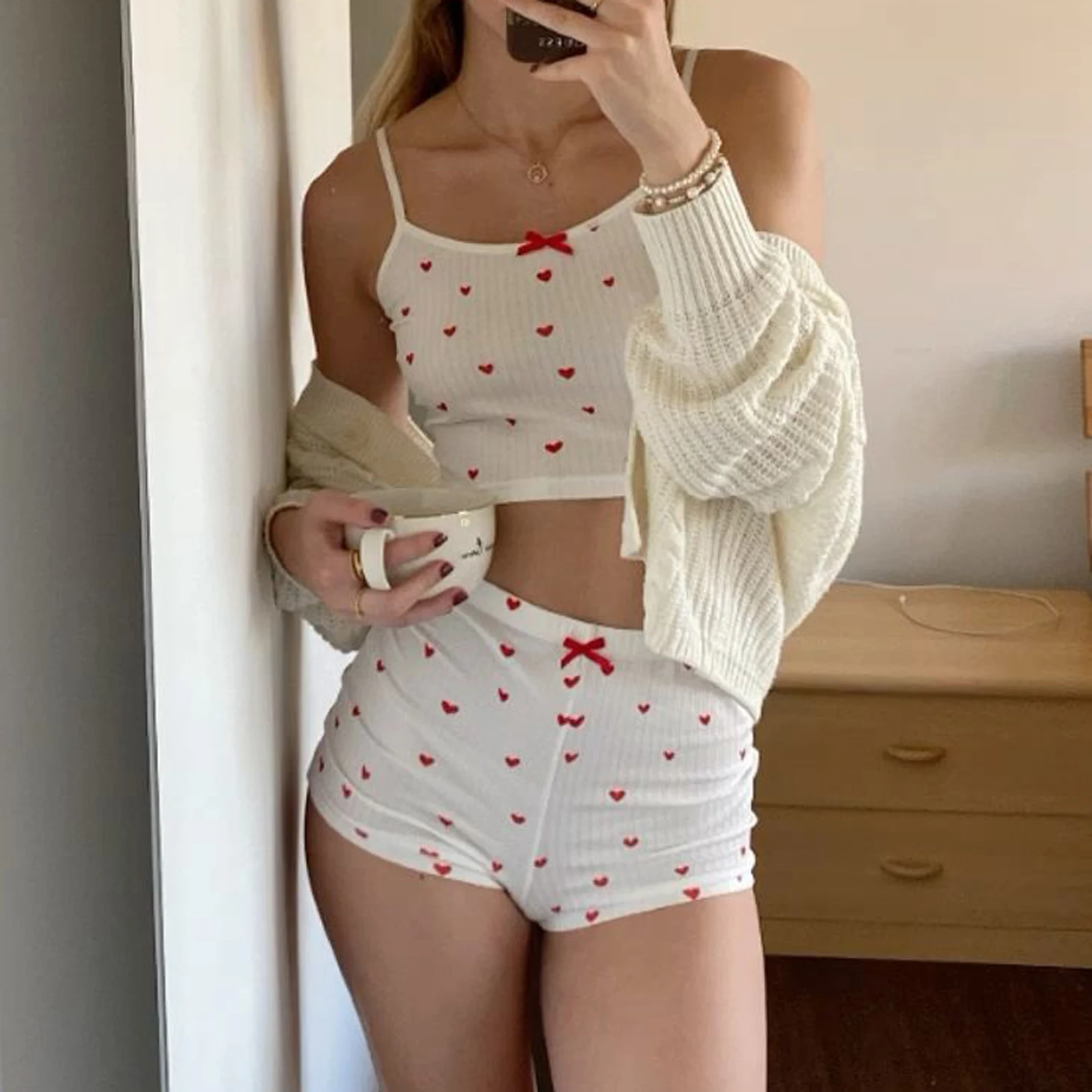 Women 2 Piece Pajamas Set Fashion Heart Print Crop Camisole and Elastic Shorts for Loungewear Soft Casual Sleepwear