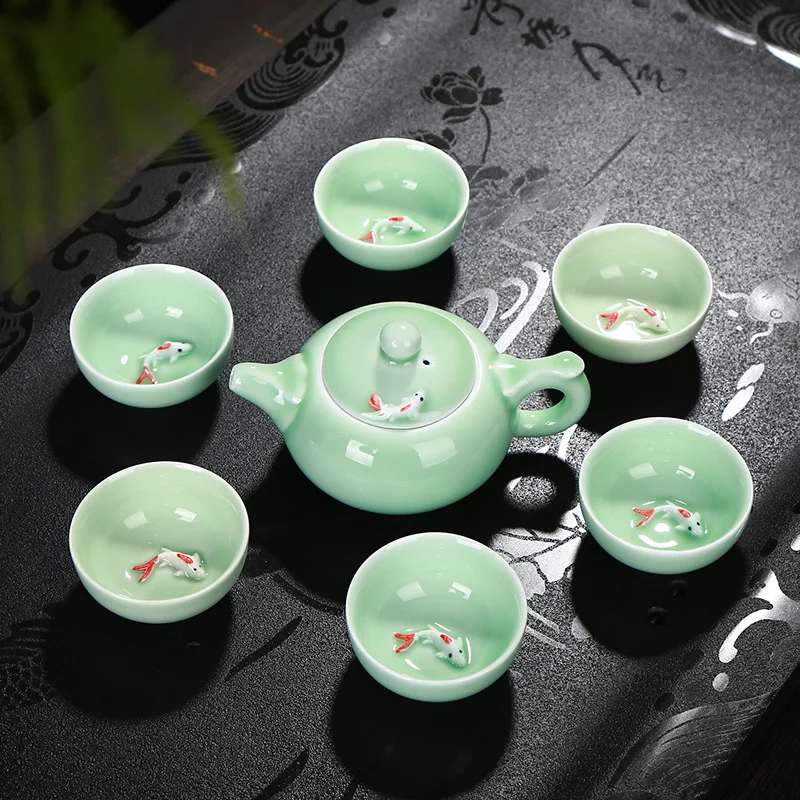 Longquan Celadon Fish Tea Set Ceramic Kettle Ceramic Gaiwan Tea Cup fish chinese kung fu tea pot drinkware for friend Gift
