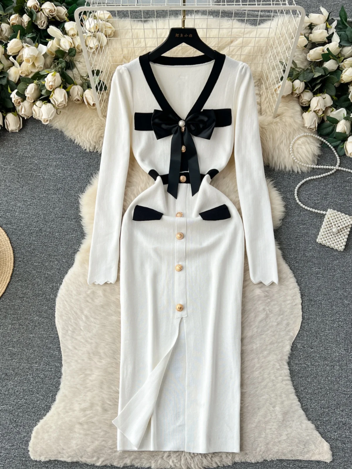 فستان طويل أنيق محبوك للنساء لفصلي الخريف والشتاء بخصر مرتفع وتصميم عقدة الفراشة، أسلوب خيالي فاخر، نسخة كورية للعمل