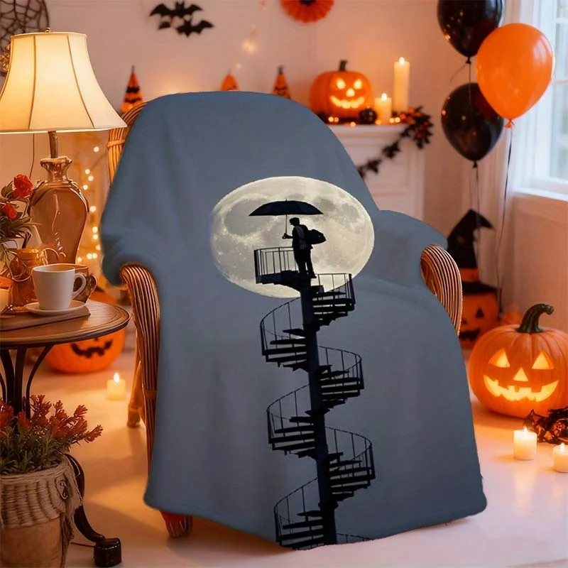 1pc Gothic Spiral Staircase Moon & Umbrella Figure Flannel Blanket - Dark Blue Black White Night Sky Star Pattern, All-Season So