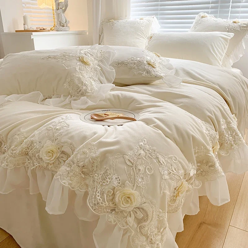 French high-end lace princess style milk velvet four-piece winter padded duvet cover warm coral velvet bedding