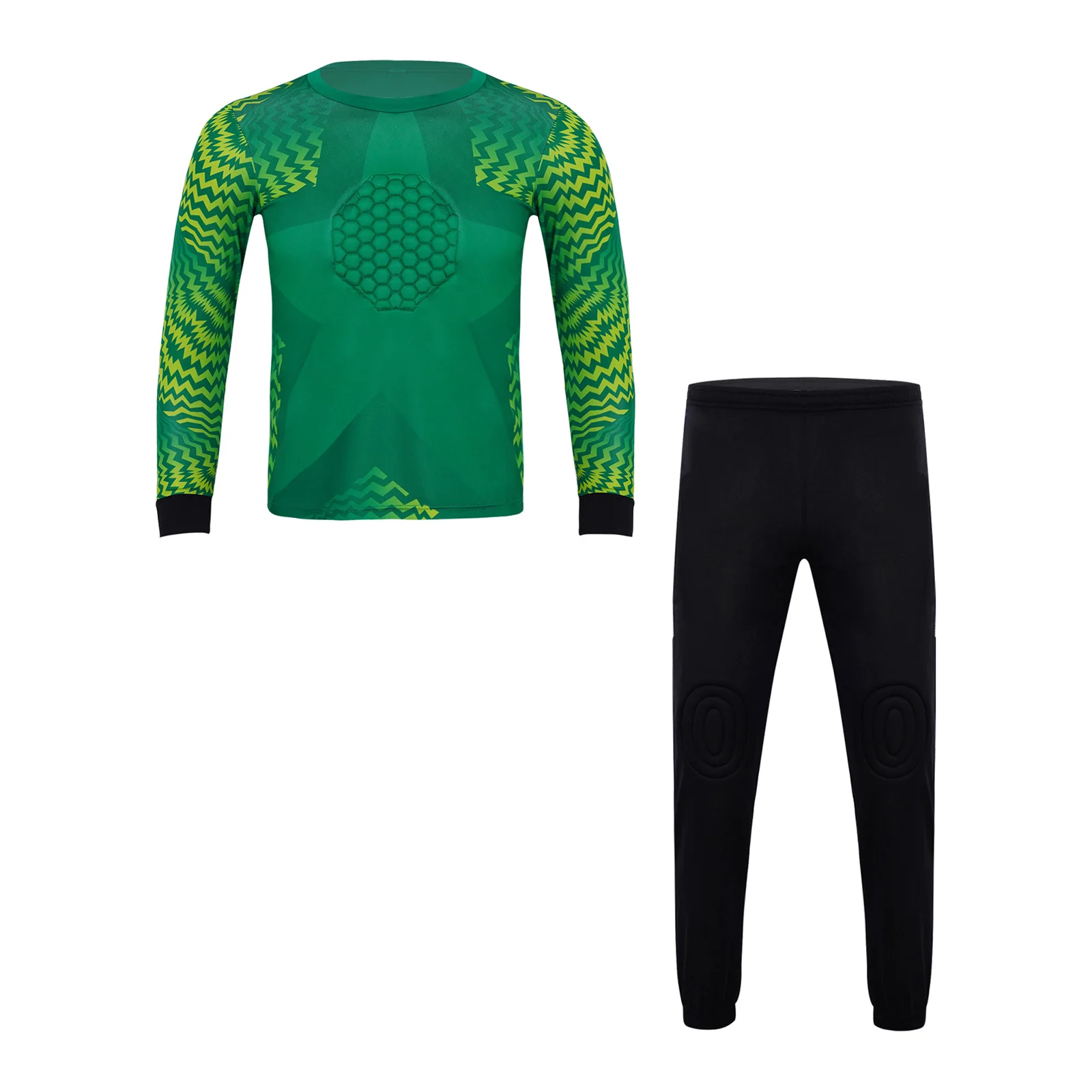 Kids Boys Soccer Goalkeeper Goalie Uniform Sport Set Long Sleeve Protective Padded T-shirt Pants Football Training Match Outfit