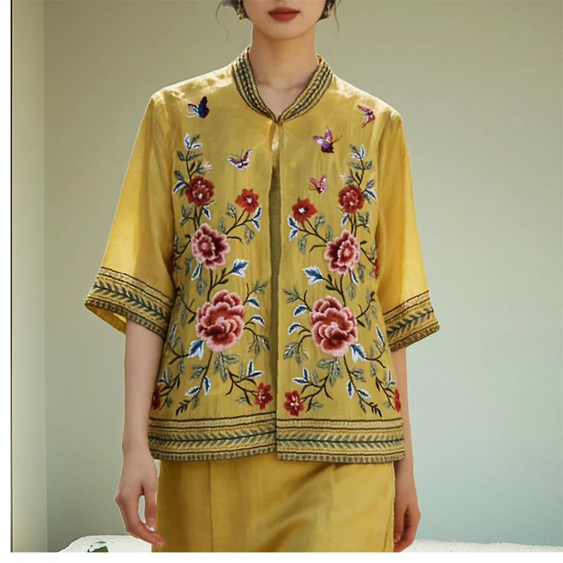 Spring and Autumn New Chinese style Stand up Collar Exquisite Embroidery Lyocell Fabric Half Sleeve Women's Jacket M-XXL