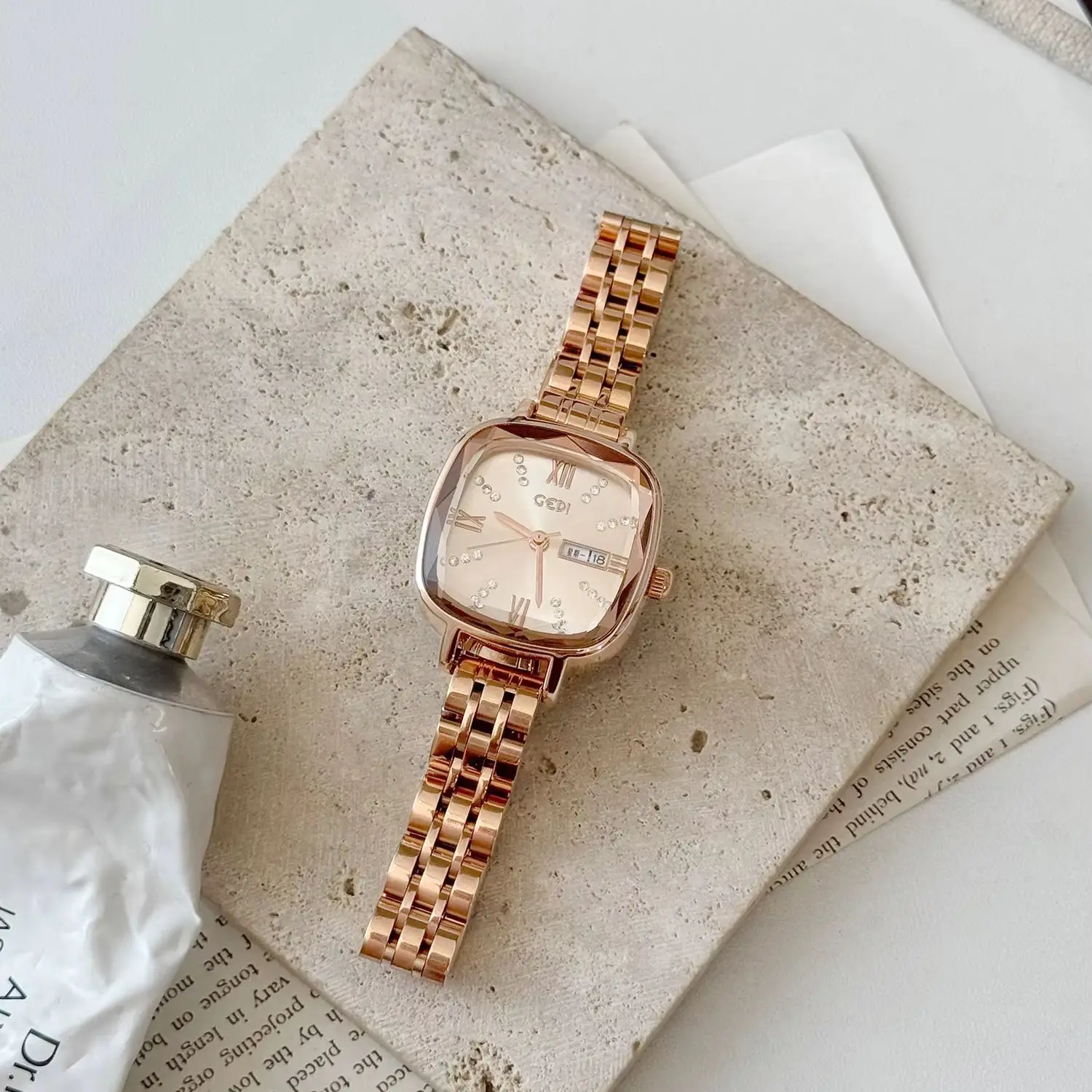 Light Luxury Square Watch for Women Quartz Wristwatch Personalized Dual Day‑Date Dial Roman Numeral Elegant Ladies Female Clock