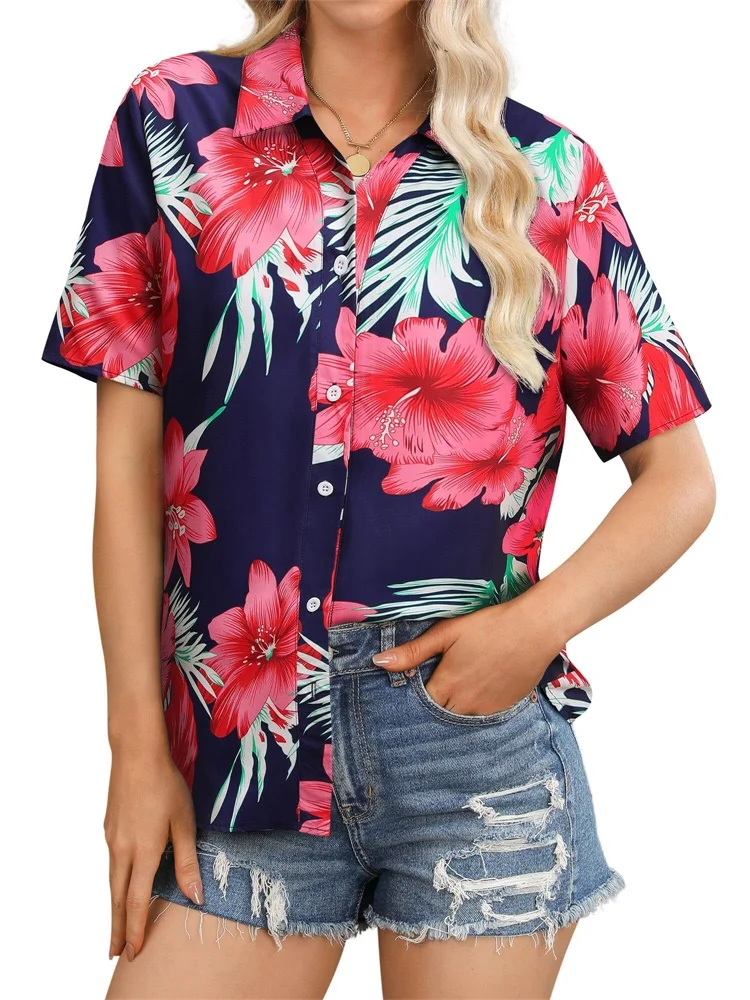 Kemeja Lengan Pendek Wanita Baru 2025 dengan Dasar Hitam dan Cetakan Tanaman Tropis Merupakan Liburan Musim Panas Yang Modis dan Kasual