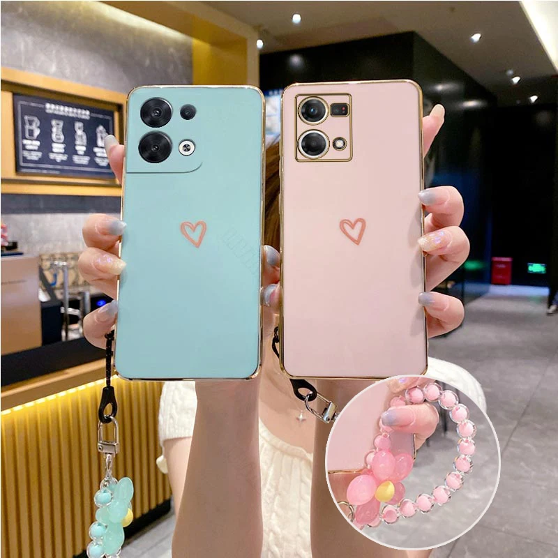 reno 7 8 9 Love Heart Flower Strap Case On For Oppo Reno 7 8 10 9 6 Pro Plus 8 8T 6Z 4 3 2 4se 7SE 7pro 5k 2z 4G 5G Cover reno8t