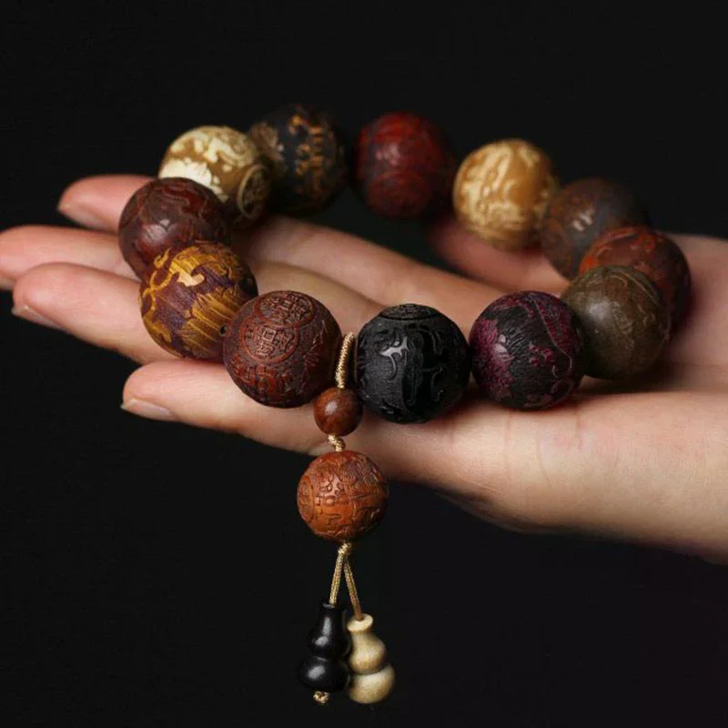 Wooden Prayer Bead Bracelet Classic 20mm Handmade Wood Carved Beaded Bracelet With Pendant For Jewelry Gift
