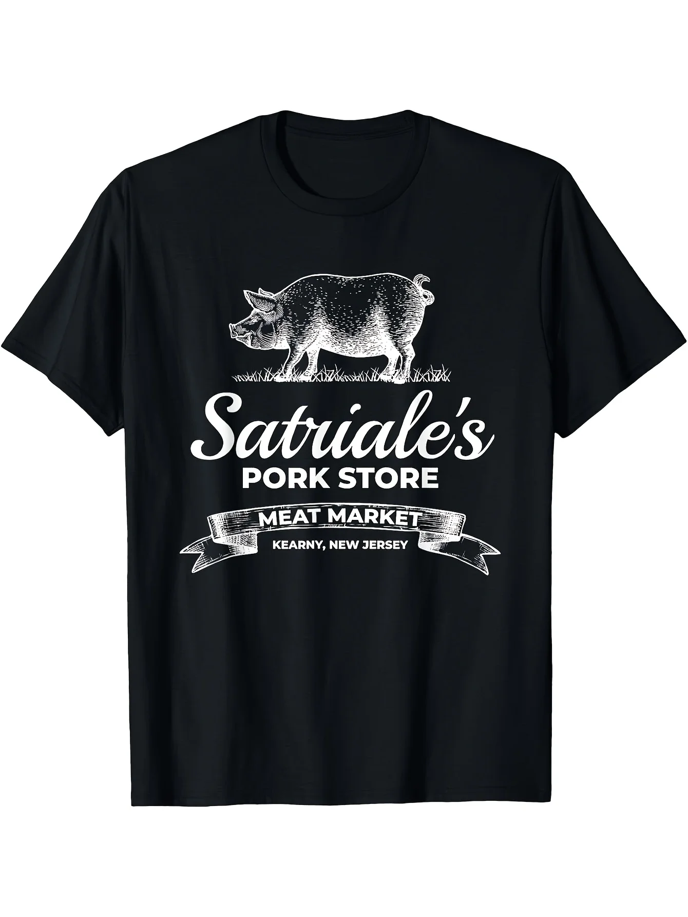 

Men's T-Shirt Satriale's Pork Store Kearny NJ Casual Tops Black Cotton Tee with Short Sleeves Establishment Date and Location