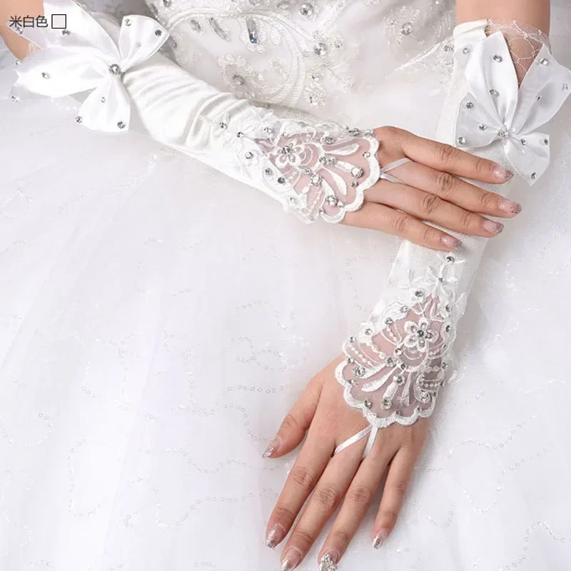 Doigt Floret Bow aught Diamond Gants, Robe de mariée, Manches longues, Satin, Bâton de dentelle, Mariage, Mariée