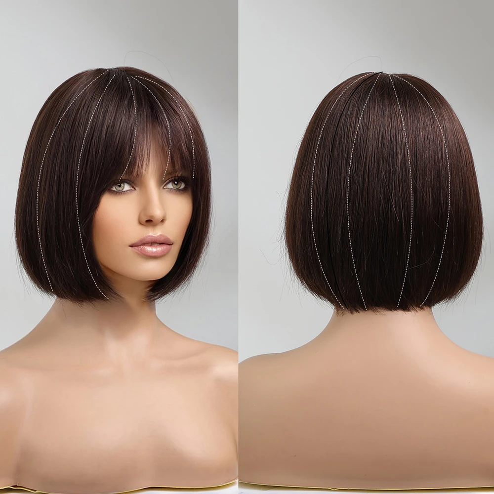 Medium Dark Brown Human Hair Wigs for Black Women With Bangs 14 Inch 100% Remy Human Hair for Daily Use Machine Made Fiber Wigs