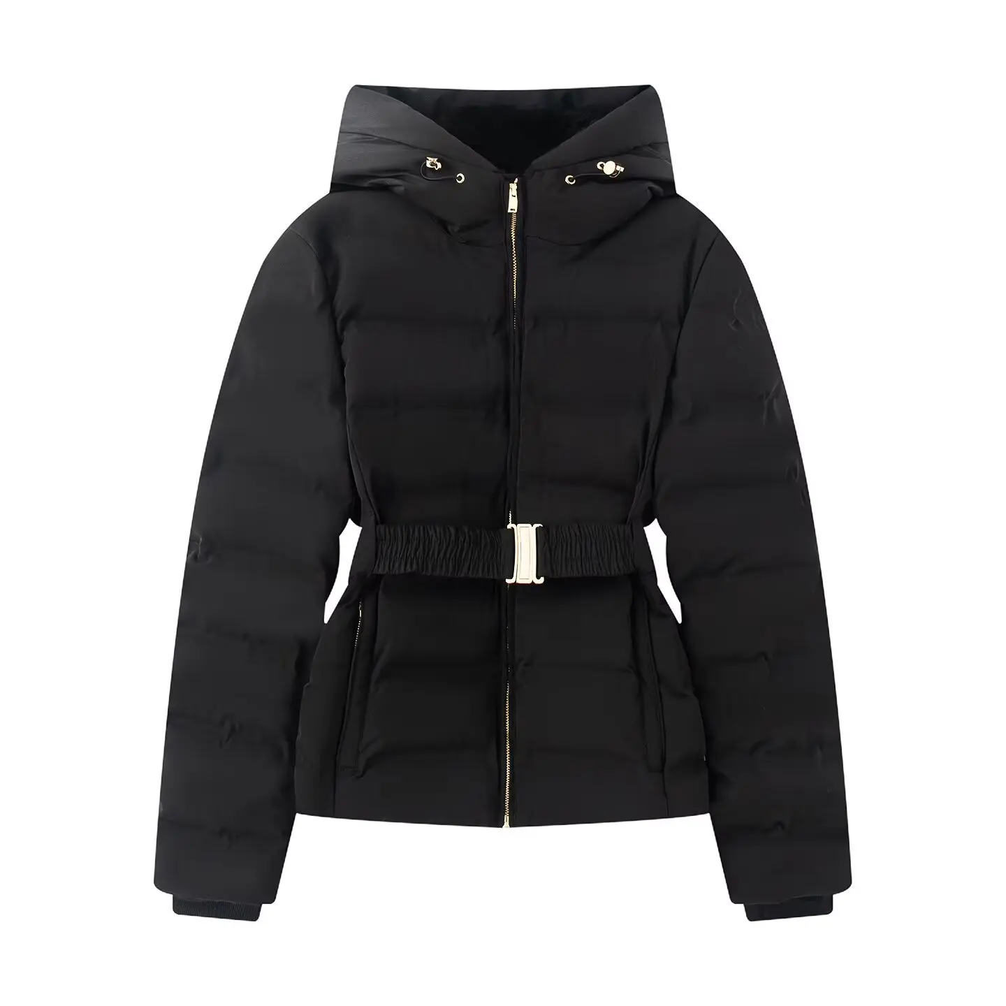 Waist-Belted Jacket Hooded Waterproof Windproof Jacket Houndstooth Padded Insulated Coat Ski Snowproof UltraWarm Parka