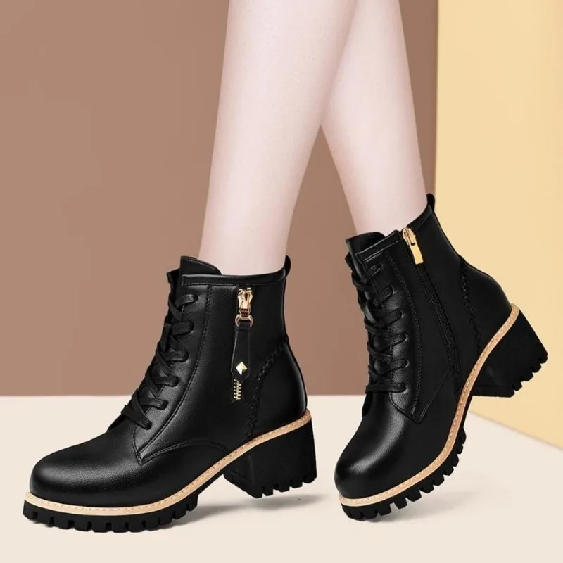 Women Shoes Autumn Winter New Lace Up Boots for Women Fashion Thick Heel Side Zipper Ankle Boots Warm Female Motorcycle Shoes