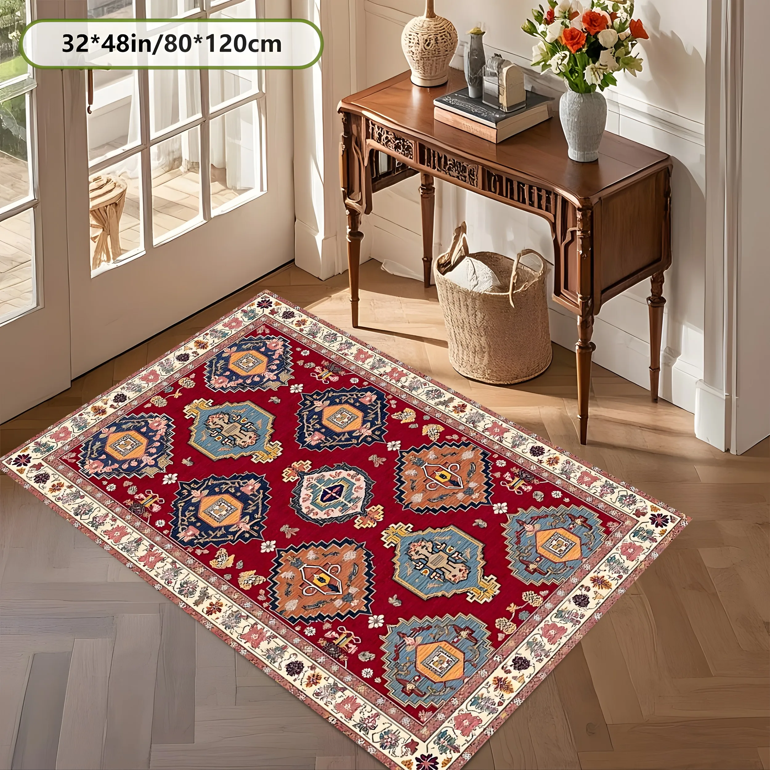 2D Large Carpet with Red Background, Retro Persian Pattern, Ethnic and Exotic Style, Suitable for Living Room and Bedroom, One-Click Renovation for Autumn and Winter Decoration