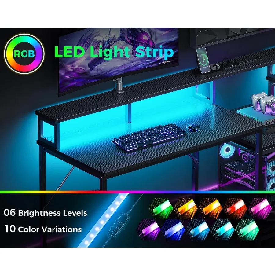 مكتب ألعاب 98 بوصة لشخصين مع أرفف تخزين لمكاتب كتابة الكمبيوتر المكتبية المنزلية المزدوجة الطويلة التي تتميز بشحن USB #5