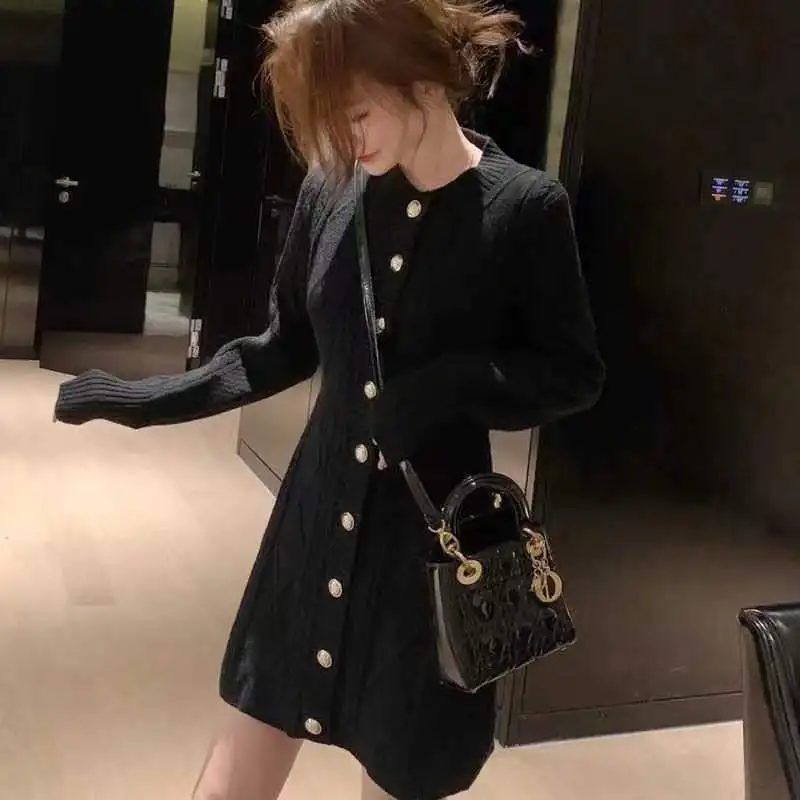 Korean Autumn Winter New Women\'s O-Neck Solid Single Breasted Fashion Long Sleeve Slim Mid-length A-line Sweater Knitted Dresses