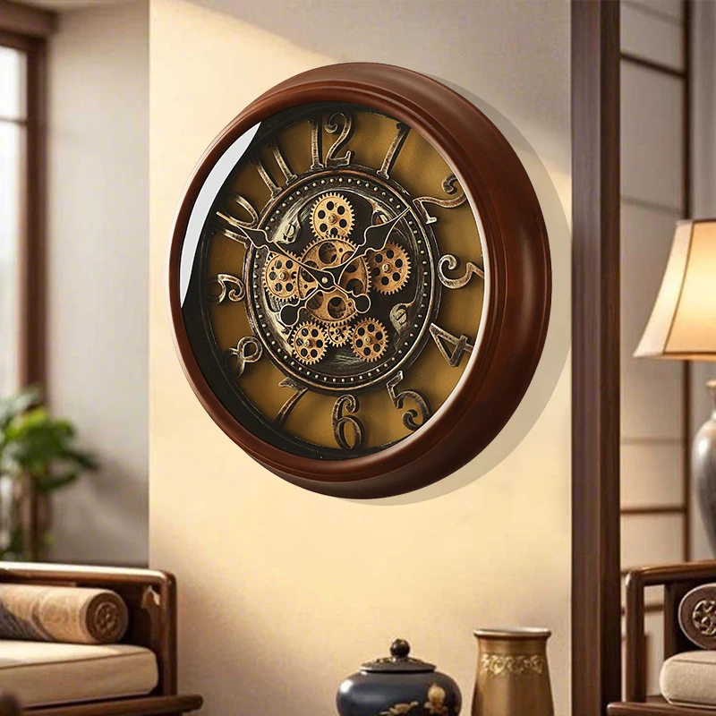 

Light luxury creative gear solid wood wall clock living room home modern art wall watch atmosphere entrance clock wall clock