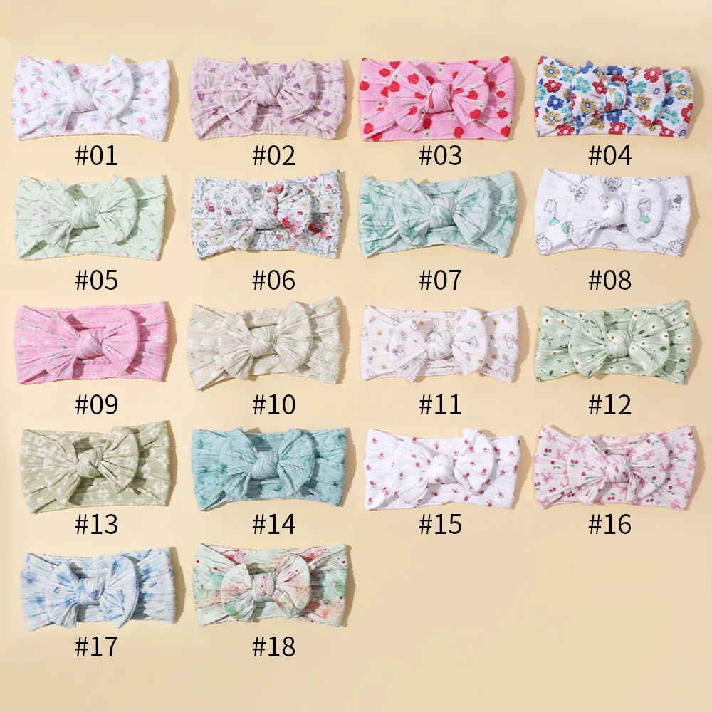 18pc/lot New Floral Prints Nylon Baby Headband Newborn Ribbed Cable Knit Bow Nylon Headband for Kid Girls Flower Nylon Headwraps